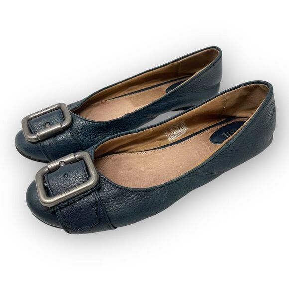 Fossil Buckle Ballet Flats Maddox Signature Blue Leather Women’s Size 7.5 - Picture 1 of 10